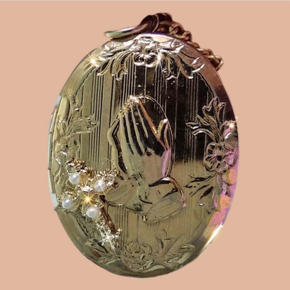 Gold Locket Praying Hands w/ Crystal Pearl Cross on Gold Chain
